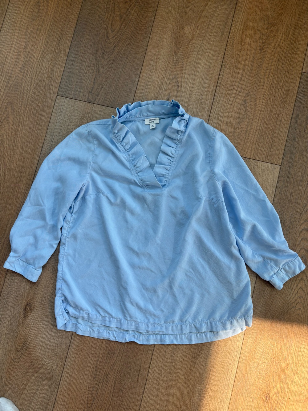 crown & ivy Light Blue Ruffle Neck Long Sleeve Top